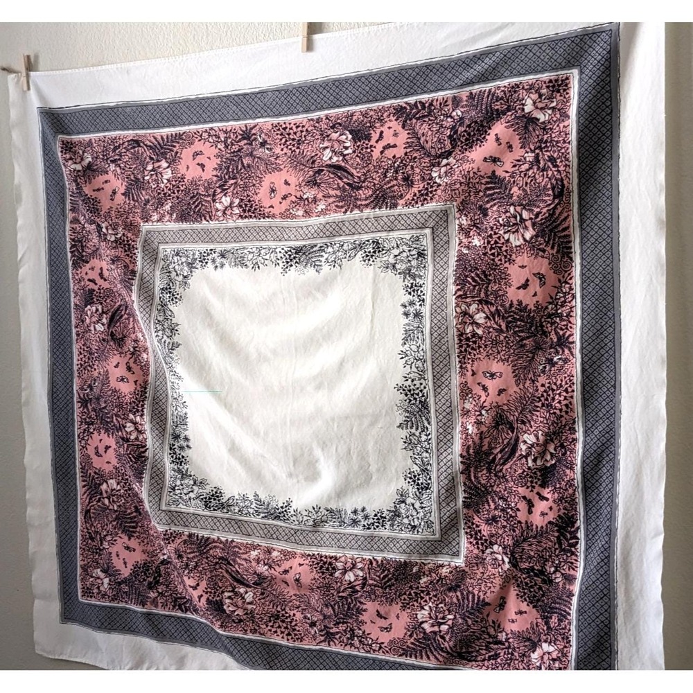 Vintage California Hand Prints Tablecloth Pink Gray Botanical Butterflies 1950s